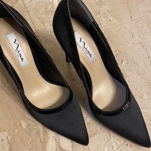 Nina Black Satin Pumps with Bugle Bead Detail